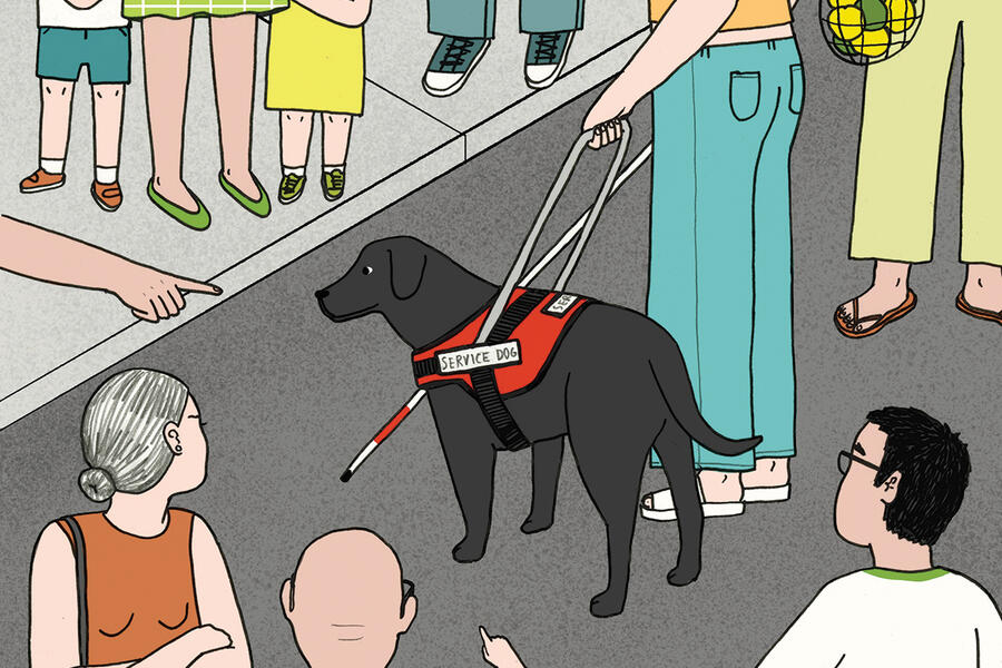 Illustration of a blind woman with a guide dog; around her, onlookers stare, and one child points.