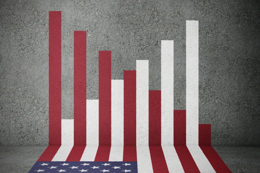 American flag bars forming financial graph pointing up and down