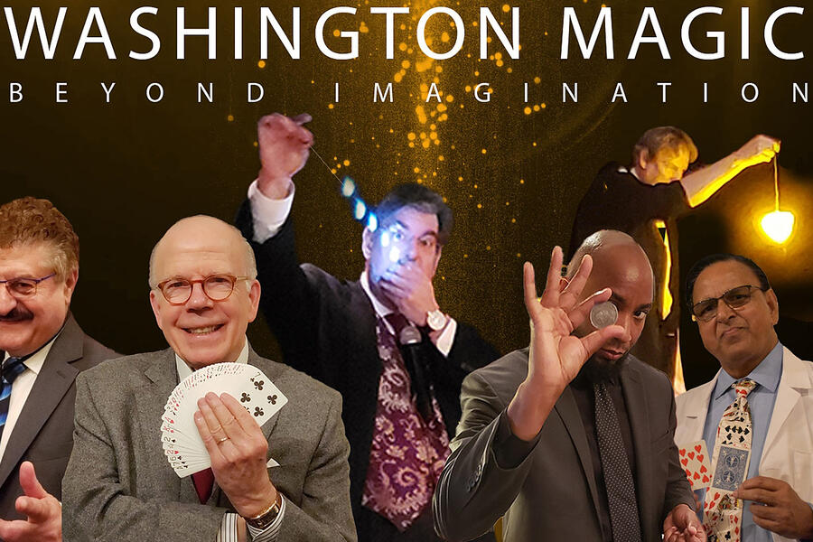 A poster for Washington Magic shows five magicians, including John McLaughlin, who is holding playing fanned-out cards.