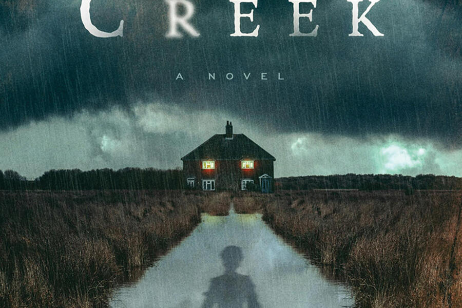 Cover of 'Curdle Creek' shows a shadow of a woman ominously looming over a creek, with a house in the distance