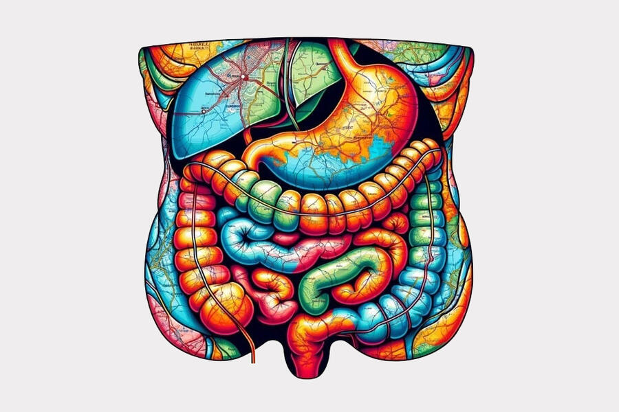 A colorful illustration of a human abdominal cavity showing internal organs