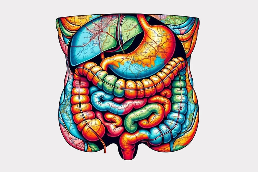 A colorful illustration of a human abdominal cavity showing internal organs