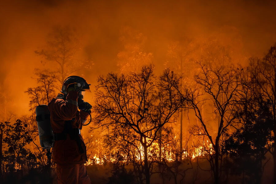 A firefighter battles a wildfire amid scorched brush