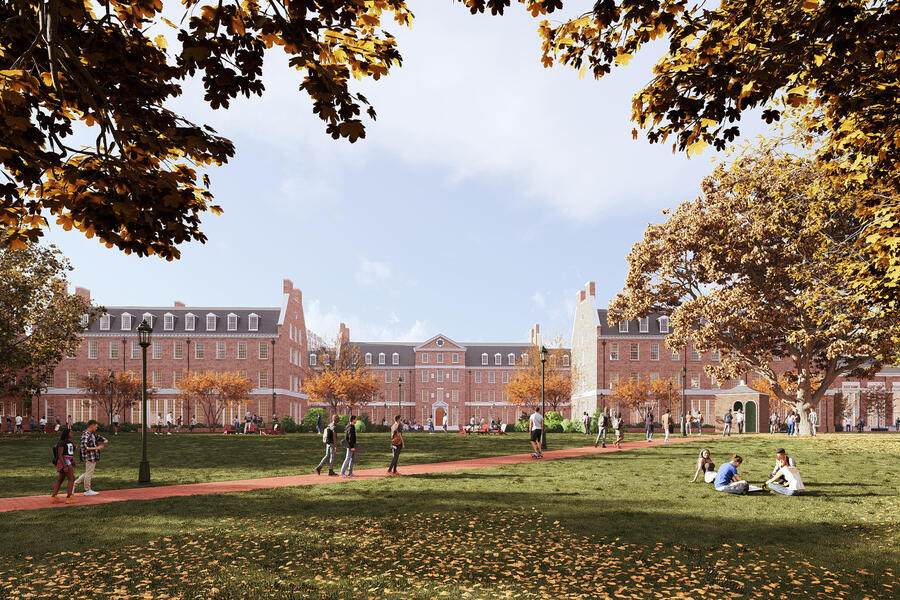 Rendering of a tree-lined campus quad with brick academic buildings