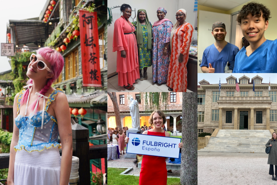 A collage of photos of Fulbright Student grantees in Taiwan, Guinea, Spain, Germany, and Greece.