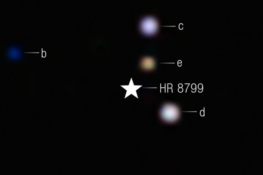 The clearest look in the infrared yet at the iconic multi-planet system HR 8799. Colors are applied to filters from Webb’s NIRCam (Near-Infrared Camera). A star symbol marks the location of the host star HR 8799, whose light has been blocked by the coronagraph. In this image, the color blue is assigned to 4.1 micron light, green to 4.3 micron light, and red to the 4.6 micron light.