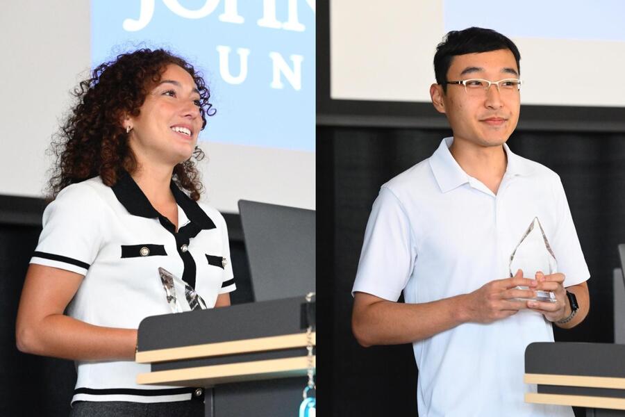 Two photos of Caitlin Rempson and William Middlezong accepting their Student Employee of the Year awards