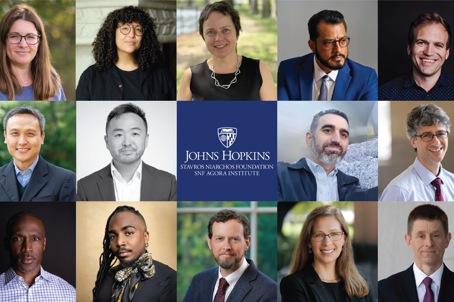 The incoming SNF Agora Institute Visiting Fellows are (top row, from left) Amy B. Becker, Rosy Sunshine Galvan, Masha Lisitsyna, Felix Maradiaga, Rev. Johnnie Moore, (second row, from left) Reuben Ng, David Park, Gabriel Rossman, Daniel Sabet, (bottom row, from left) Eugene Scott, Nigel Semaj, Benjamin Storey, Jenna Silber Storey, and Jon Temin.