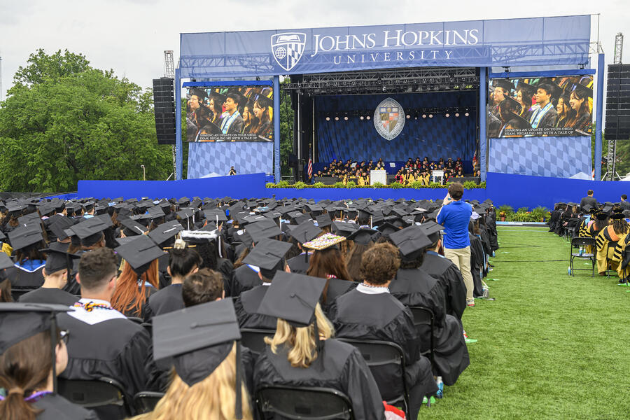 A look at the stage at Commencement 2024 at Johns Hopkins