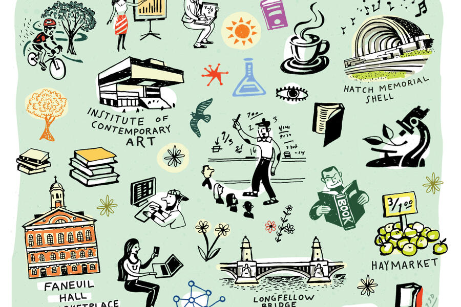 illustration of several famous Boston landmarks, including the Institute of Contemporary Art and the Longfellow Bridge 