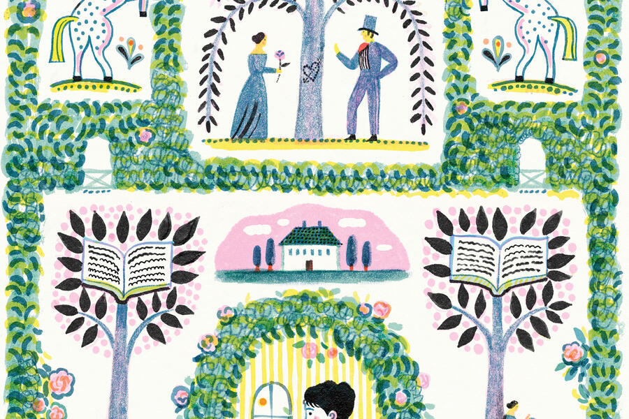 Illustration of Jane Austen at desk and floral designs with horse and birds