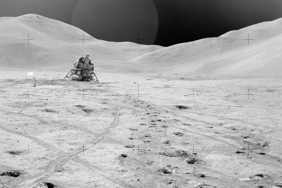 Black and white image of spacecraft on the lunar surface