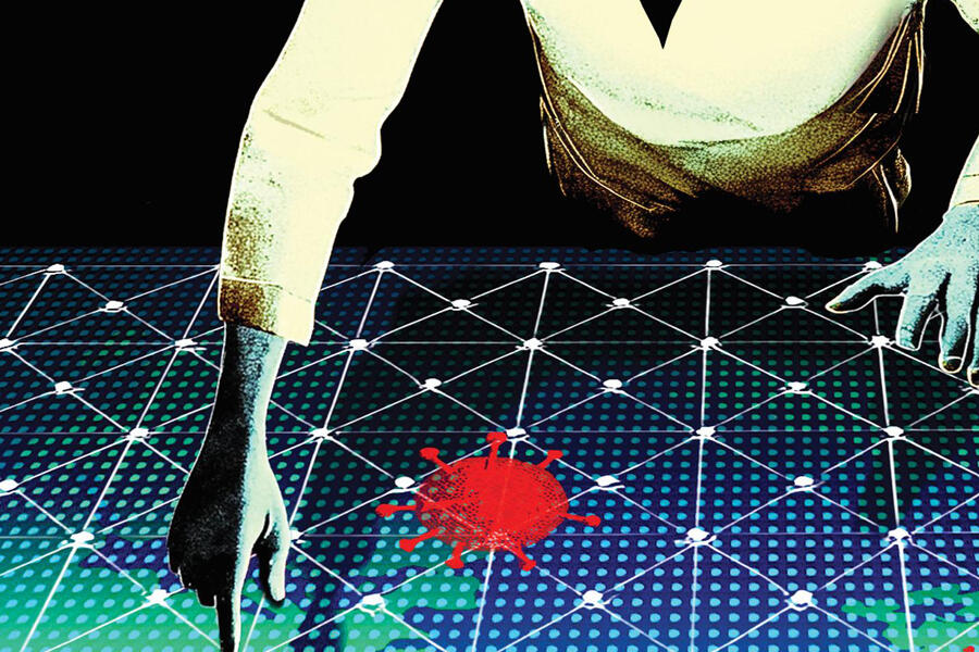 Illustration of a person reaching for a digital map on a table with COVID-19 cells in red printed on it