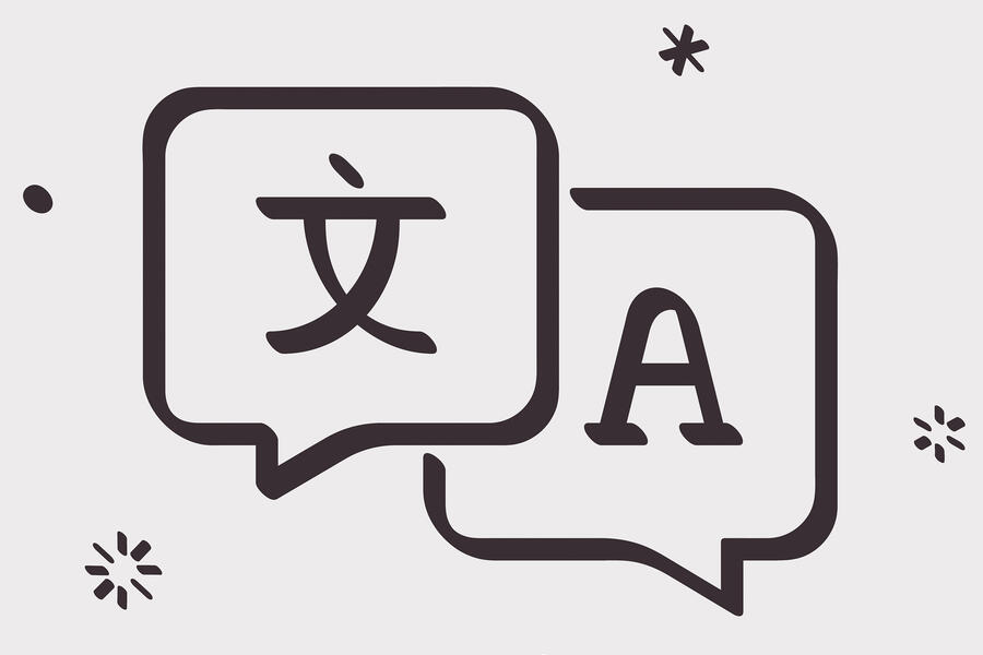 Speech balloons in black and white with multilingual characters