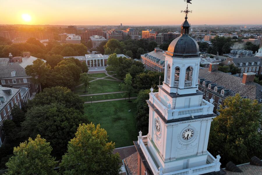 Aerial view of the Homewood campus and Baltimore