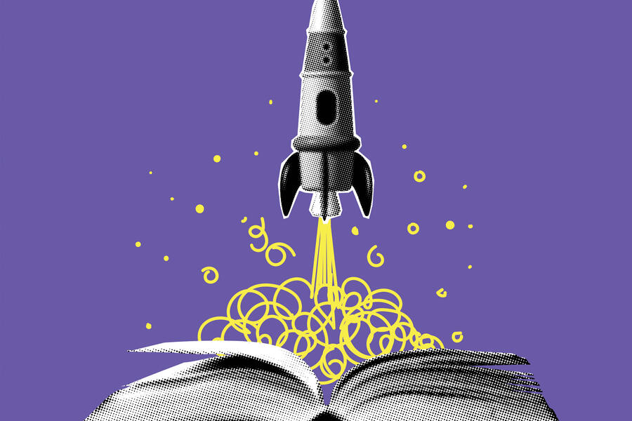 image of a rocket ship blasting out of an open book. Yellow cartoon smoke is coming out of the rocket's end, and the background is purple.