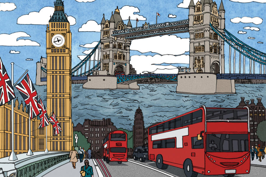 Illustration of London landmarks, including Big Ben, a bridge, and two double-decker buses