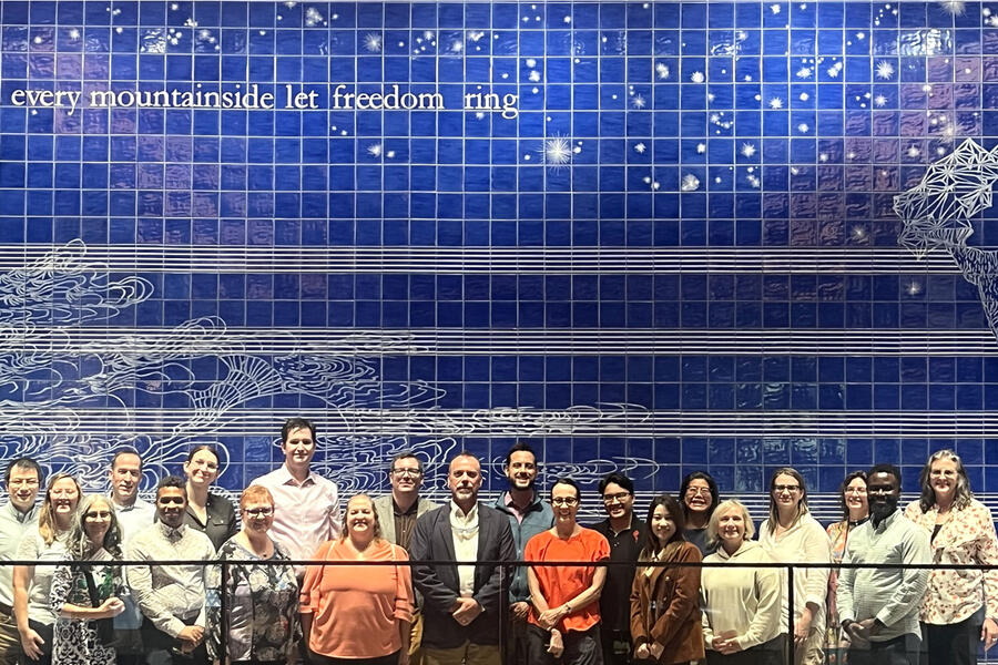 Staff Advisory Council members assembled for a group photo at the Hopkins Bloomberg Center.