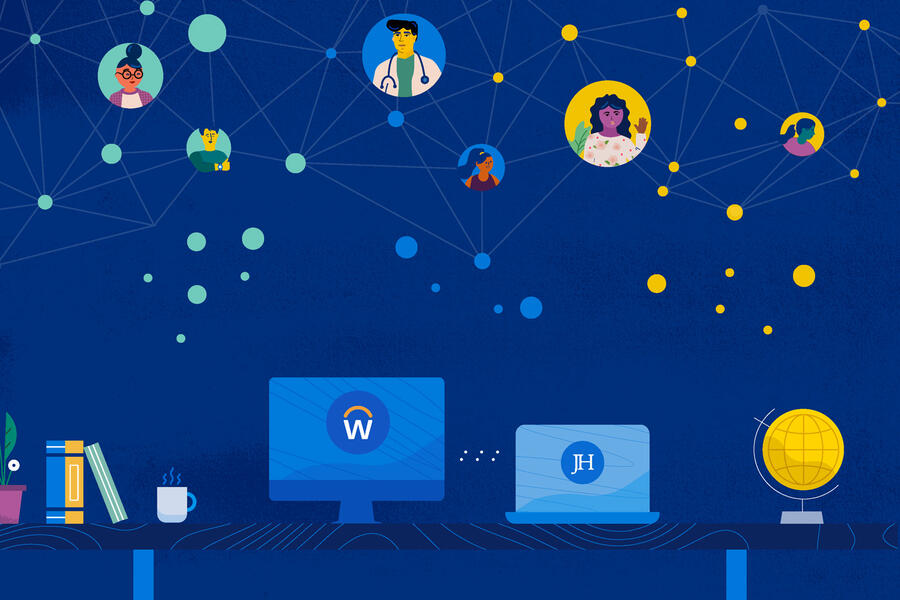 Illustration of computers and faces being connected by Workday