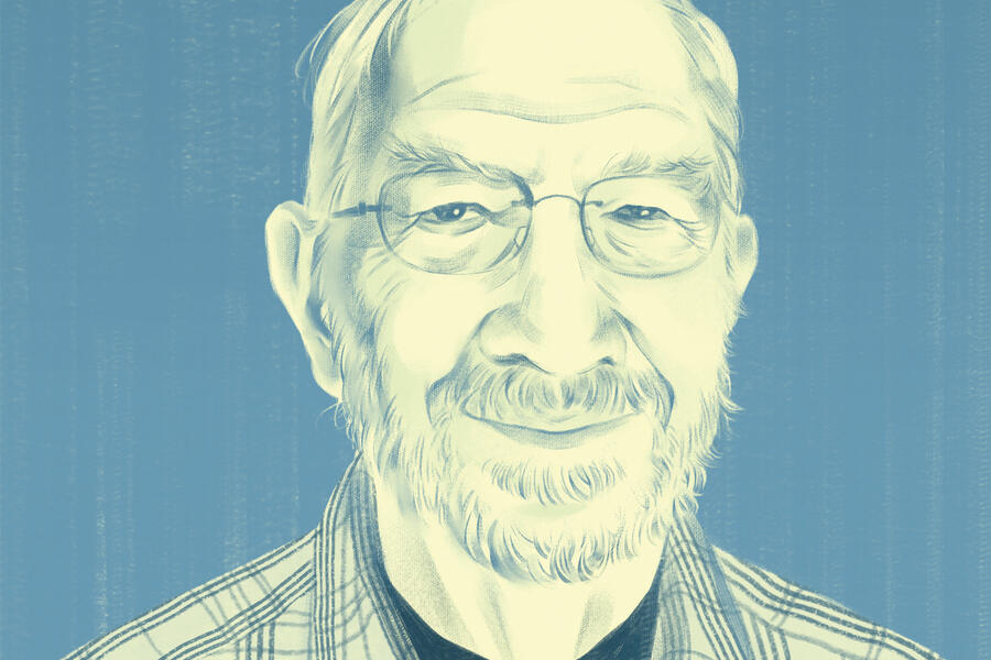 Illustration of Peter Rabins, an older man with glasses and facial hair