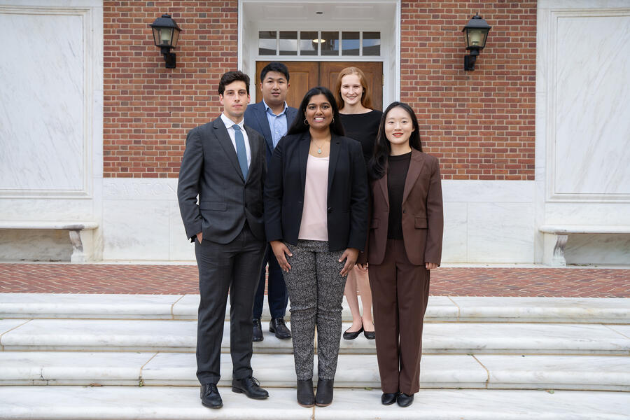 Back row, from left: Yining Zhu and Jessica Stelzel. Front row, from left: André Forjaz, Akshaya Annapragada, and Kexin Wang