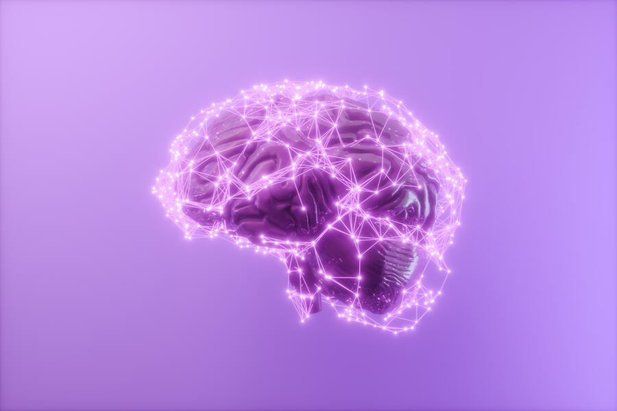 3D human brain with connection dots and plexus lines to depict artificial intelligence and deep learning concept