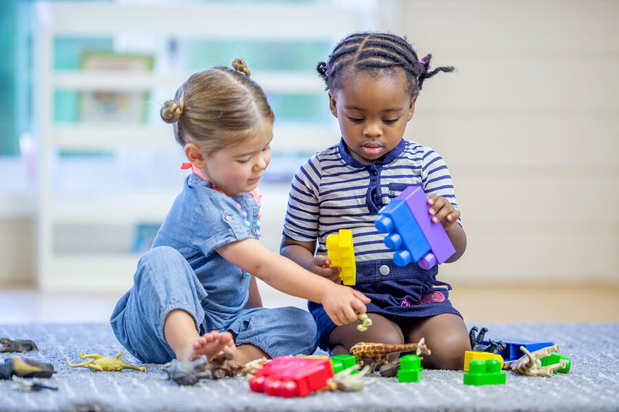 Two toddlers sitting on a rug playing with plastic blocks.