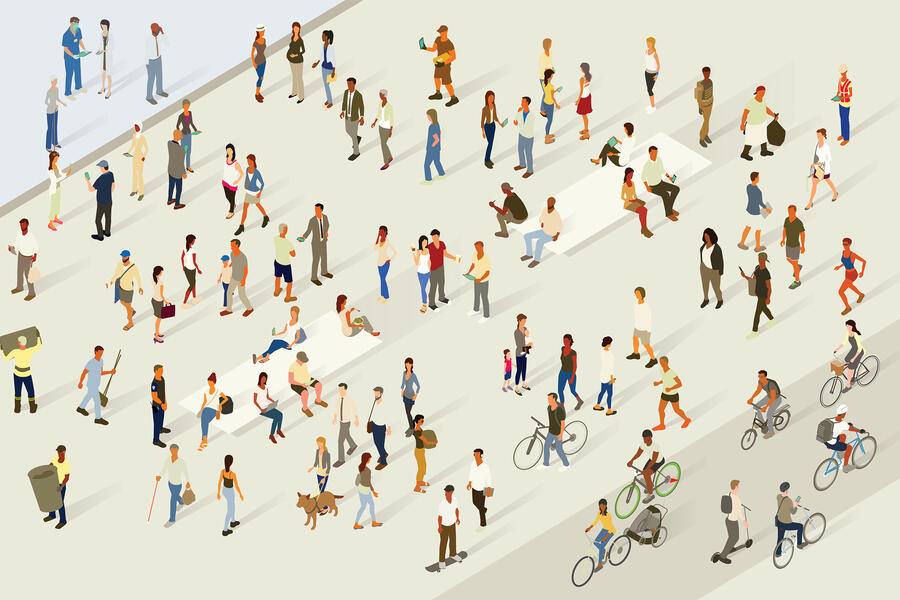 A detailed city plaza or sidewalk bustles with a crowd of 80+ unique, fictional people walking, running, cycling, standing, and seated. Contemporary men and women use smart phones and tablets on a sunny, comfortable late afternoon. Some wear work uniforms and carry on with their jobs, while others gather in groups to meet casually. A range of ages, ethnicities, and socioeconomic backgrounds are represented in the population, illustrated in isometric view and in bold color.