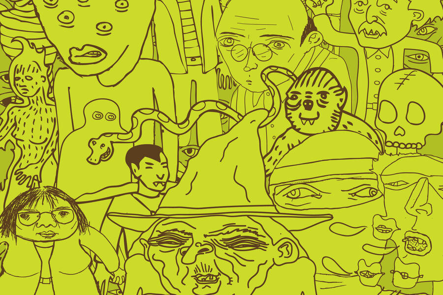 A pen drawings of monsters on a lime green background