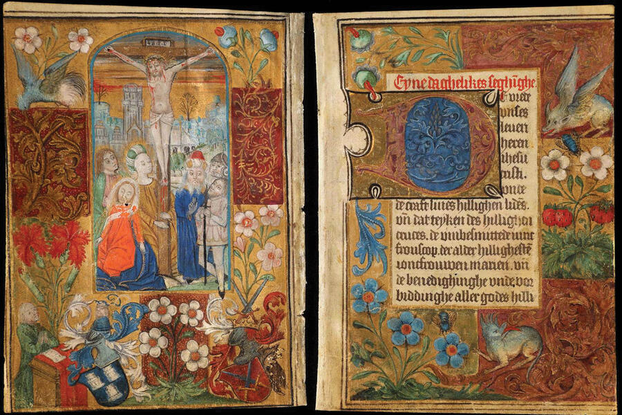 Luneborch Prayer Book, Crucifixion with patron and his armorials at the foot of the cross, fantastical beasts, and historiated initial