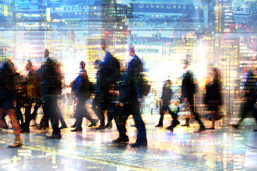 Lots of walking business people. Multiple exposure image. 