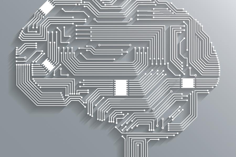 Electronic computer technology circuit board brain shape background or emblem isolated vector illustration