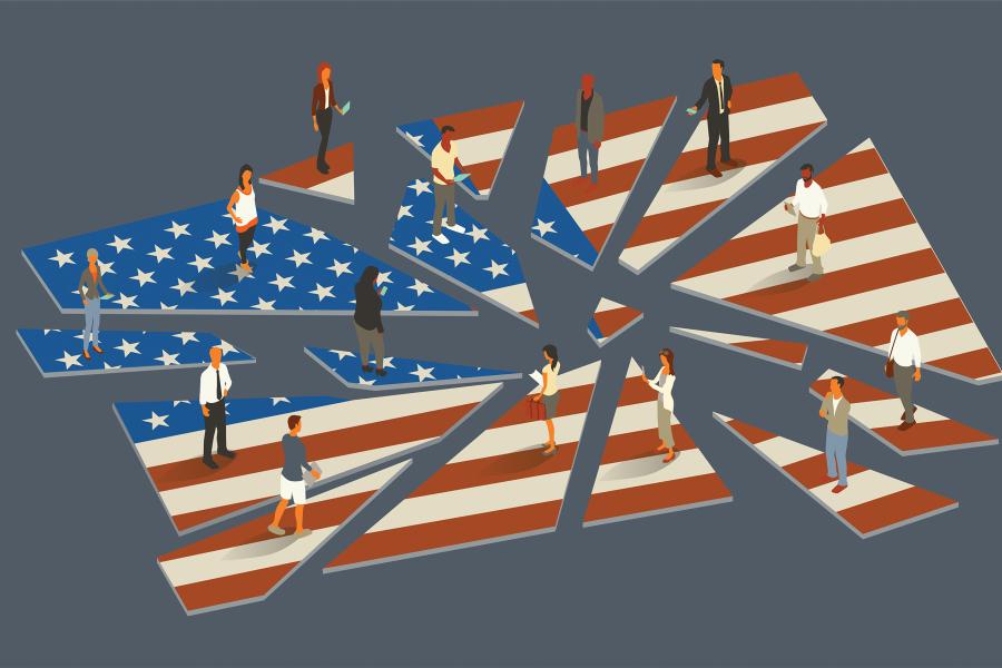 14 contemporary people stand on the pieces of a shattered United States flag, with some of them using mobile devices, in this conceptual illustration representing challenges faced by the country