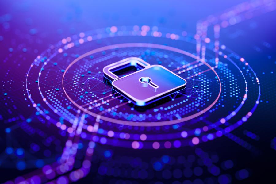 Abstract image of electronic data with a lock at its center
