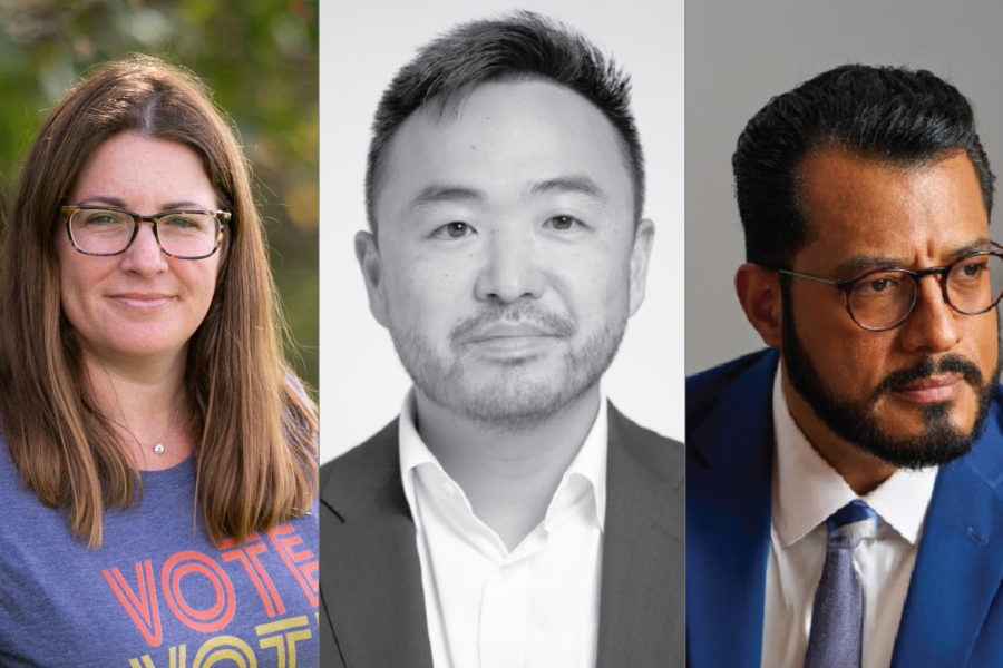 From left to right, the professional headshots of Amy Becker, David Park, and Félix Maradiaga.