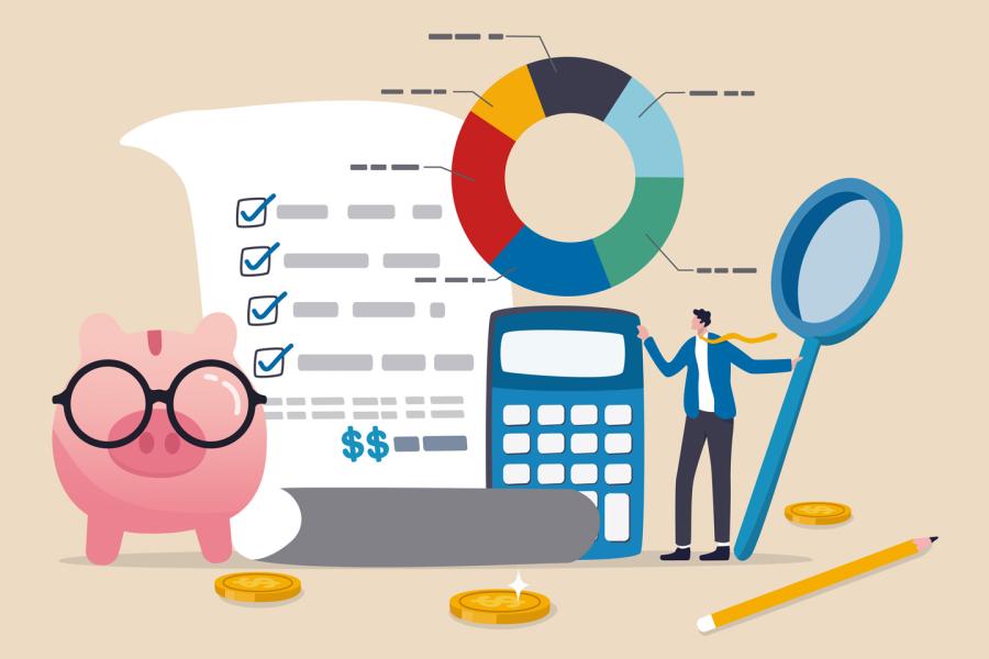 Piggy bank, calculator, magnifying glass and other details related to budget planning