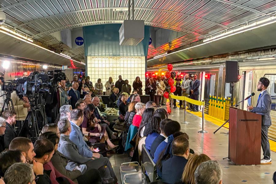 Mayor Brandon Scott speaks to the crowd and news cameras at the Jan. 7 ribbon cutting
