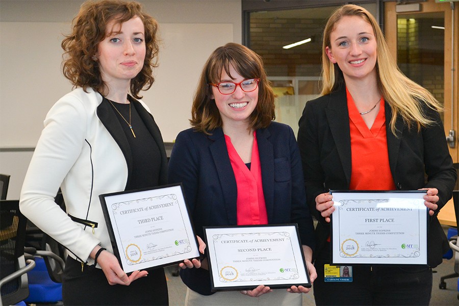 Top three finishers in Johns Hopkins 3-Minute Thesis competition