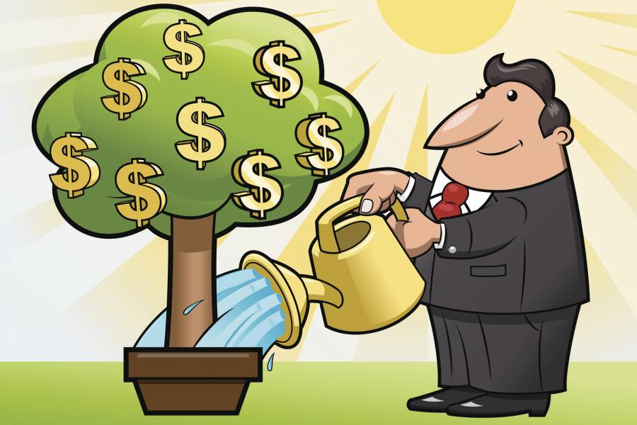Illustration of man watering tree that's growing dollar signs