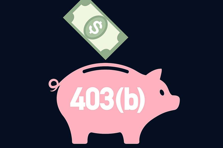 Illustration of paper money going into a piggybank marked 403(b) on its side