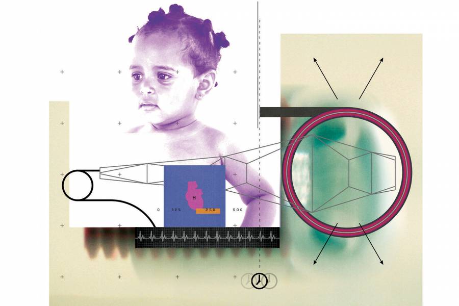 Collage of an infant and biomedical device drawings