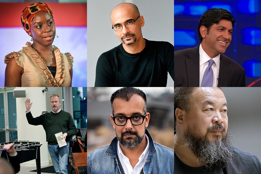 Foreign Affairs Symposium speakers include (clockwise from top left): Chimamanda Ngozi Adichie, Junot Díaz, Aneesh Chopra, Ai Weiwei, Suroosh Alvi, and representatives from the Veterans Writing Project