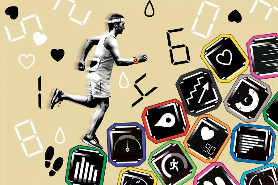 A runner on a mountain of fitness apps