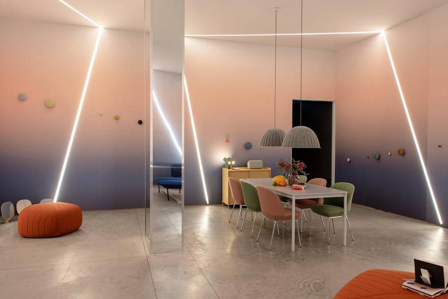 A calming room painted in peach and purple tones
