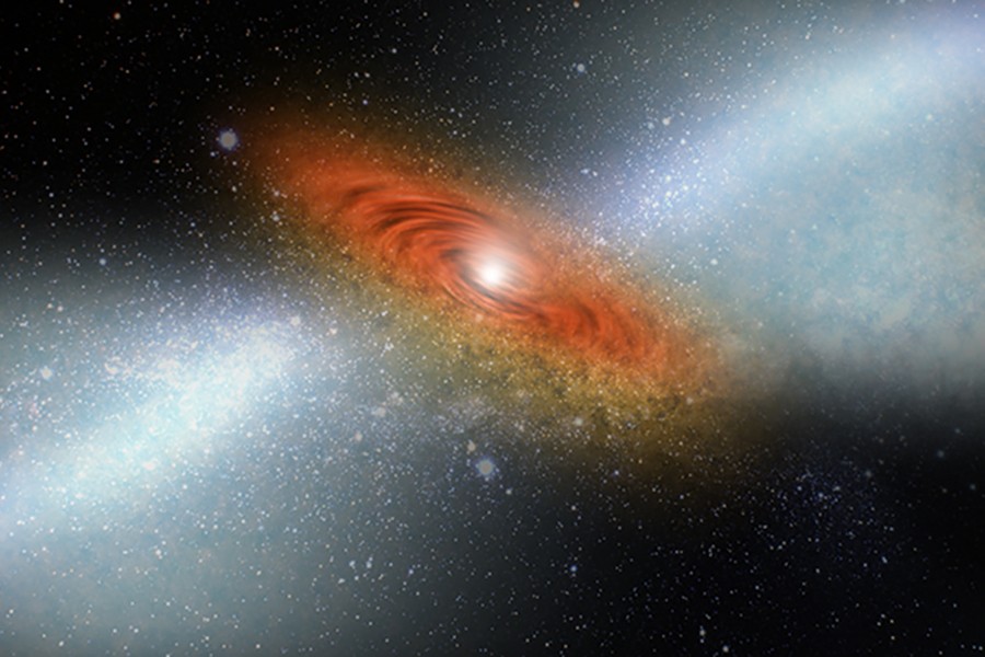 Space dust is illuminated by a quasar in an artist's rendition of the astronomical process