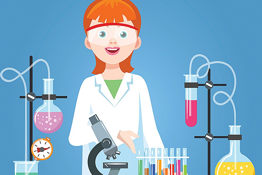A humorous illustration shows a woman pointing to fanciful scientific instruments
