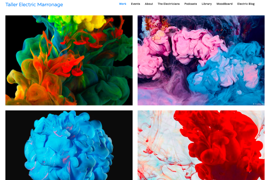 Screenshot of Electric Marronage website shows four artistic images and a simple site navigation bar