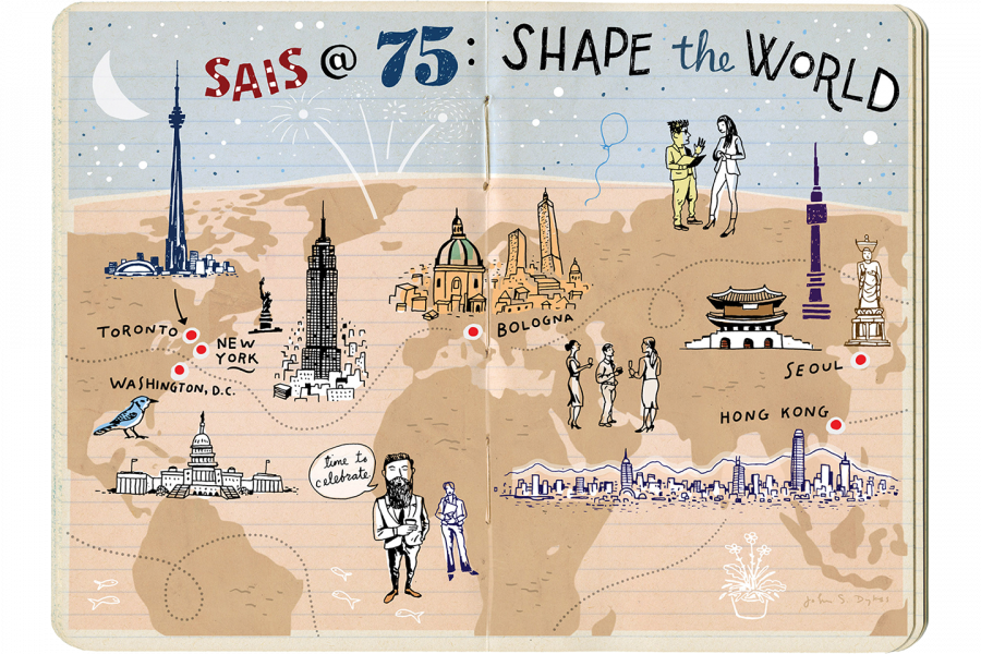 Illustration of a notebook with SAIS celebration doodles