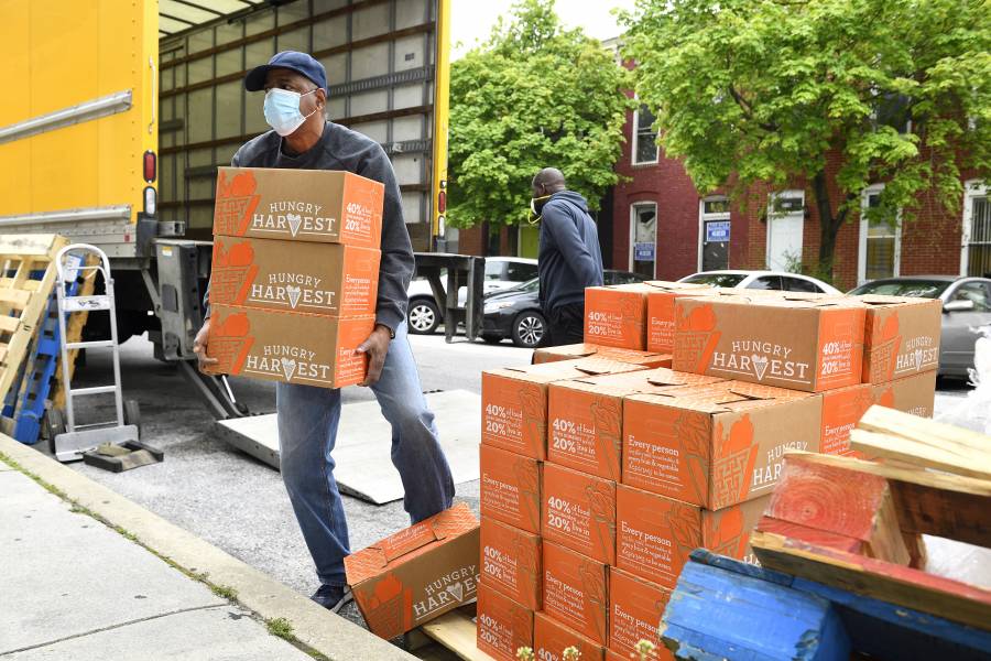 A volunteer moves boxes of food