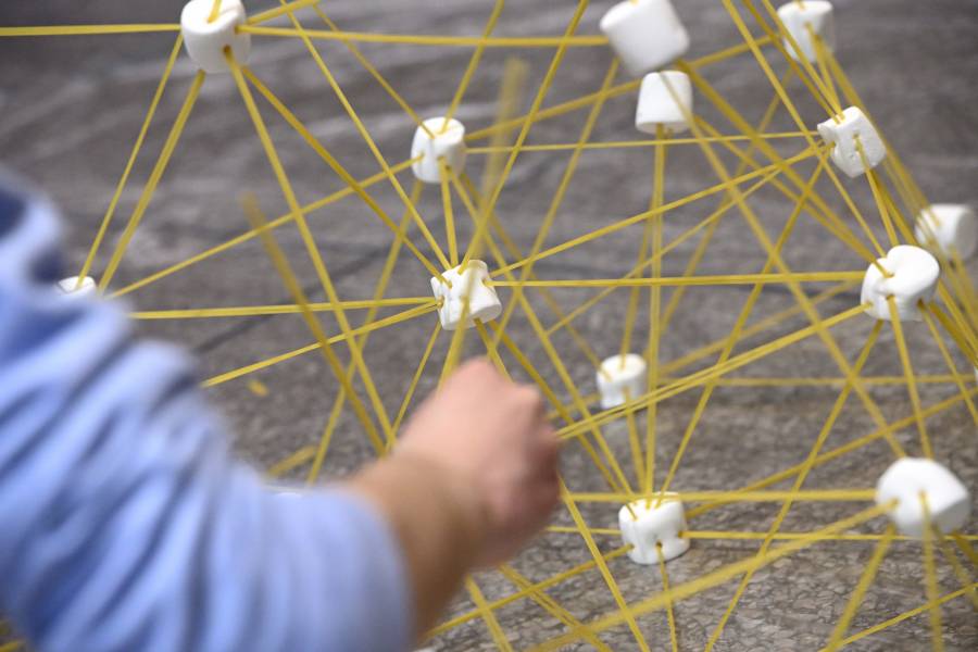 A close-up of the spaghetti and marshmallow towers
